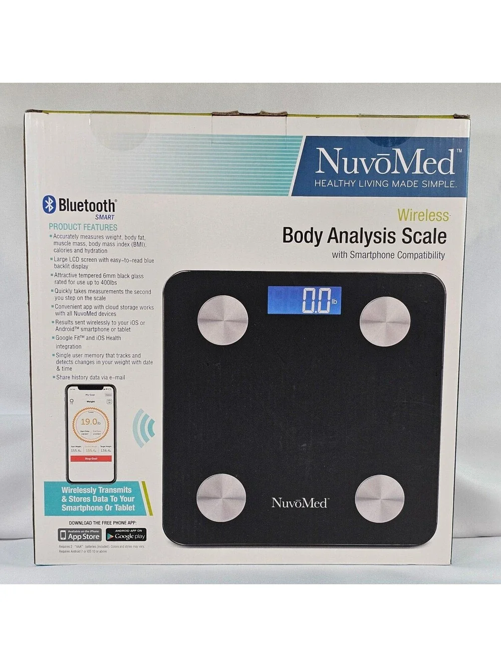 NuvoMed Wireless Body Analysis Scale Bluetooth Smart BMI Body Fat Black Glass